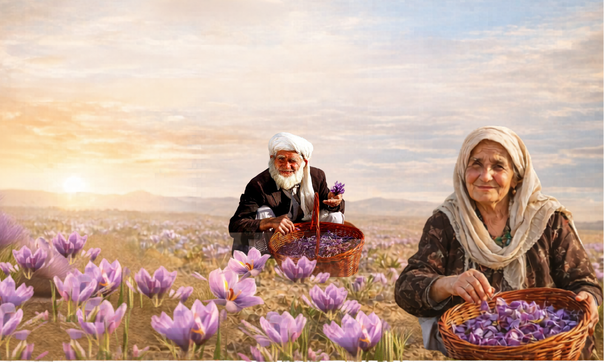 Two elderly women in a field of purple flowers, surrounded by a warm glow.