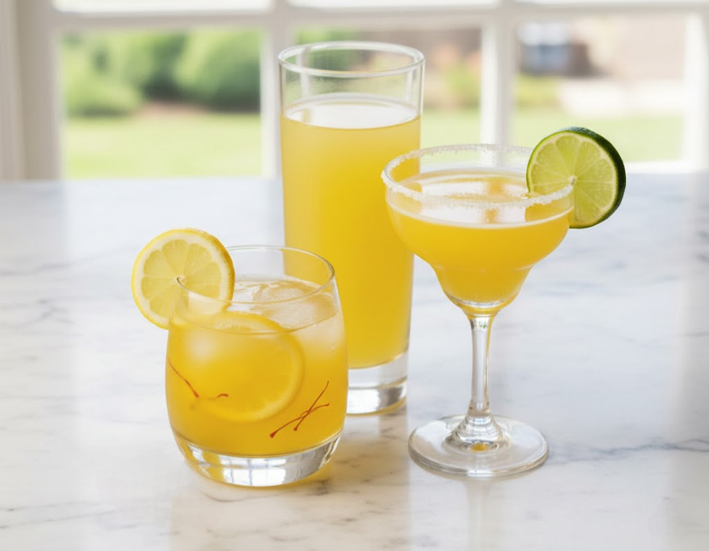 Three glasses of vibrant yellow Saffroney drink garnished with lemon and lime slices, featuring delicate red saffron strands floating on the surface, set on a bright marble countertop in front of a sunlit window.