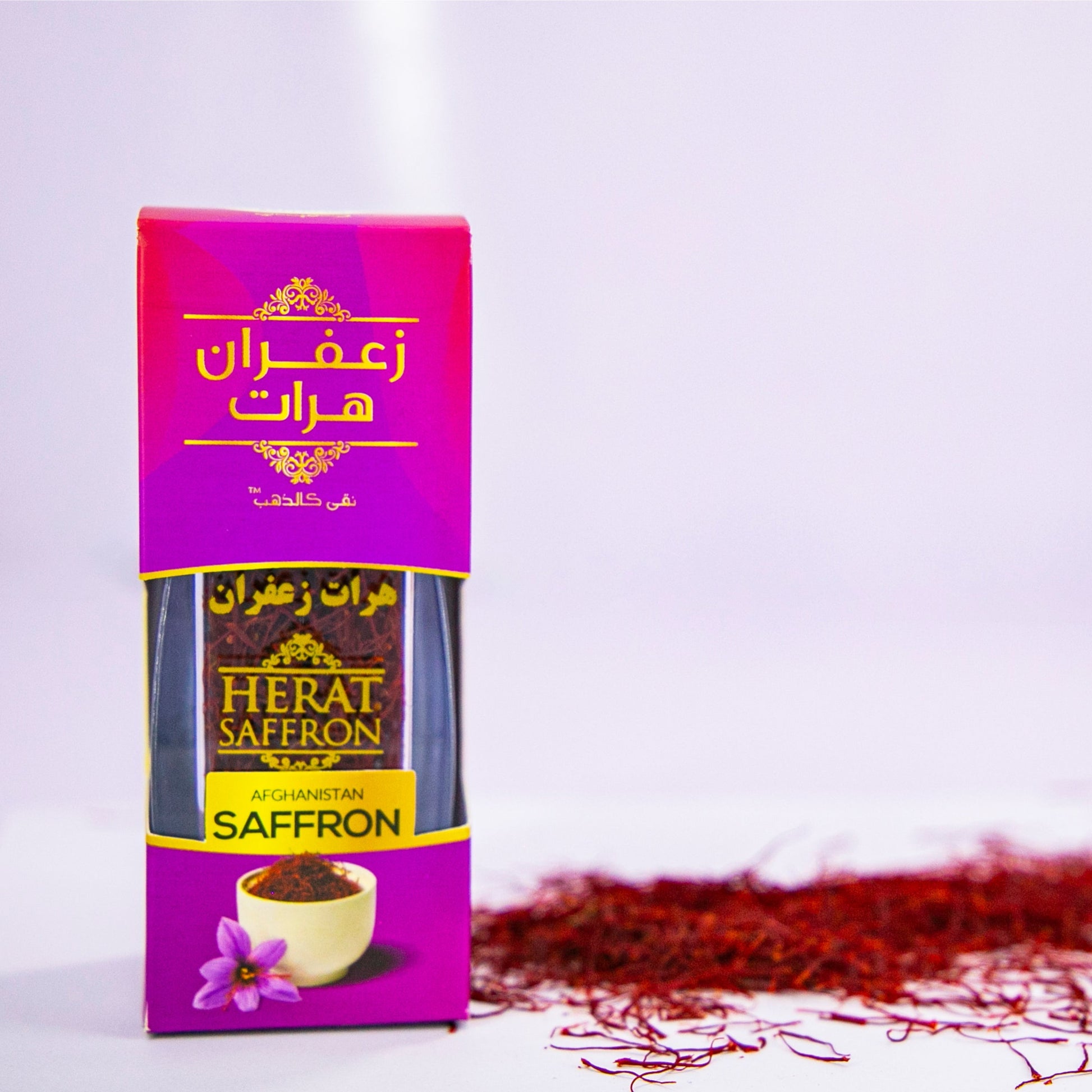 Herat Saffron packaging with saffron strands on a white background