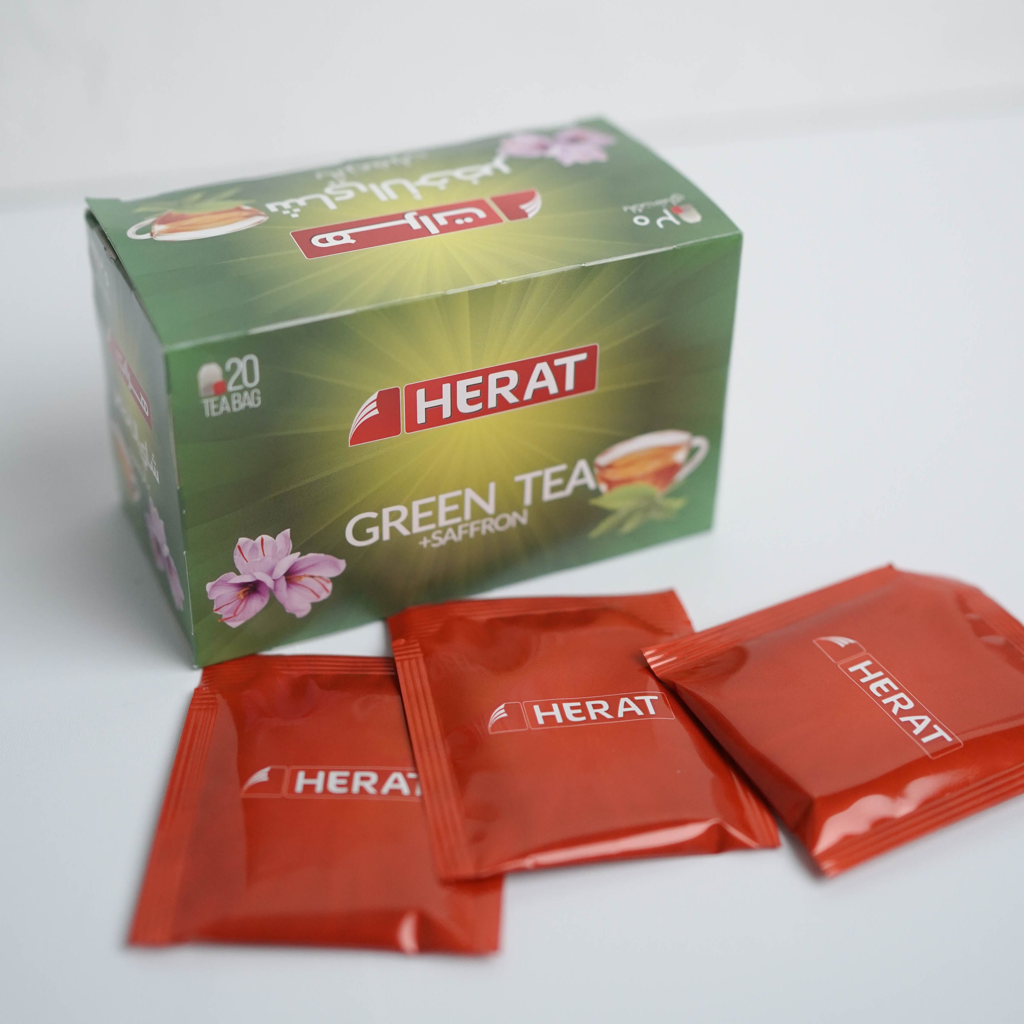 HERAT Green Tea packaging with tea bags on a white background