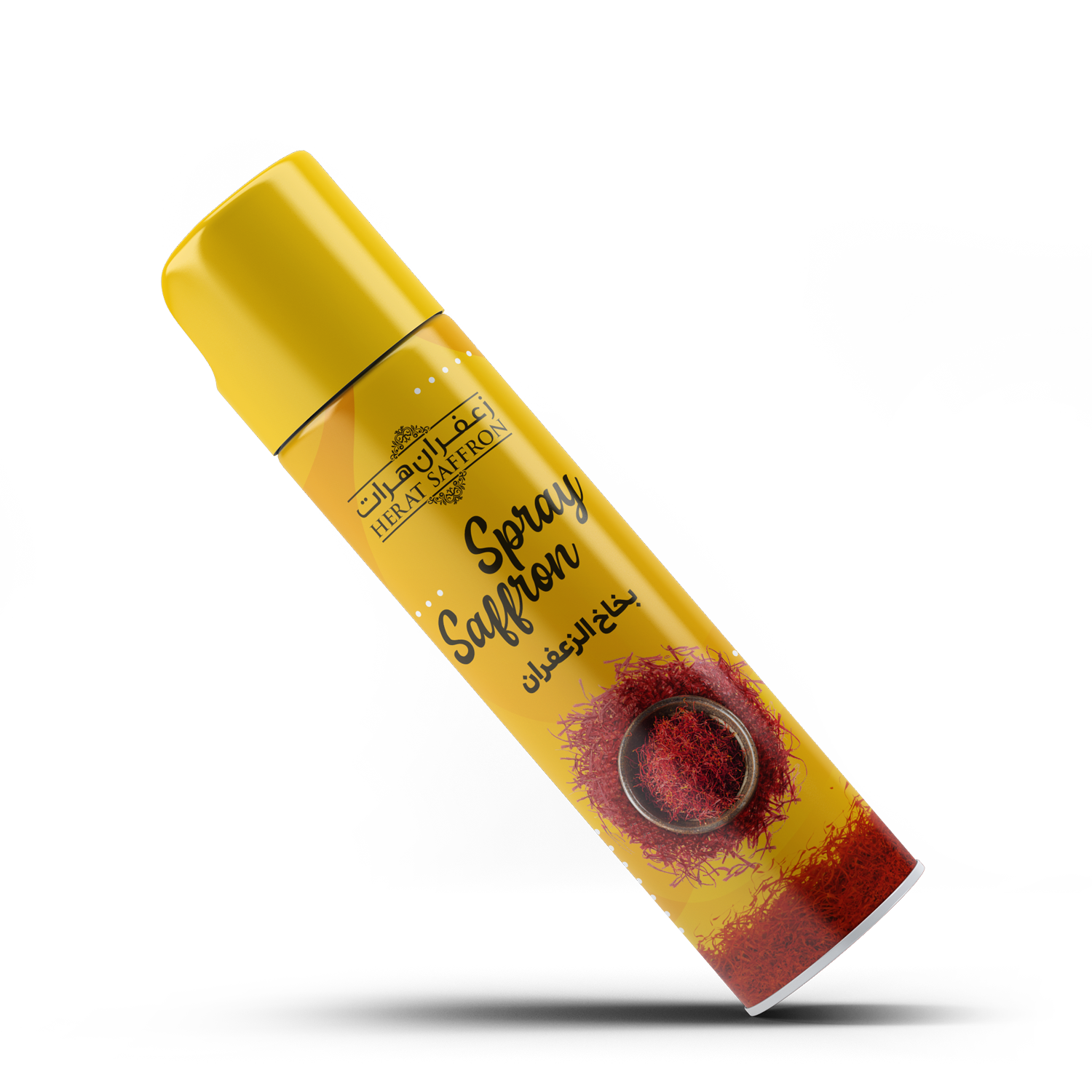 Yellow spray can labeled 'Spray Saffron' on a white background