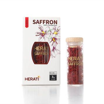 Herati 3g Afghan saffron box beside glass jar of crimson Super Negin threads, handpicked wholesale quality supporting women in Afghanistan