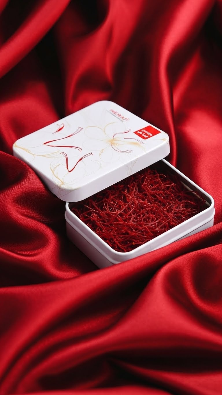 Open Herati tin filled with vibrant crimson Afghan saffron threads on luxurious red silk, award-winning Super Negin wholesale quality supporting women in Afghanistan
