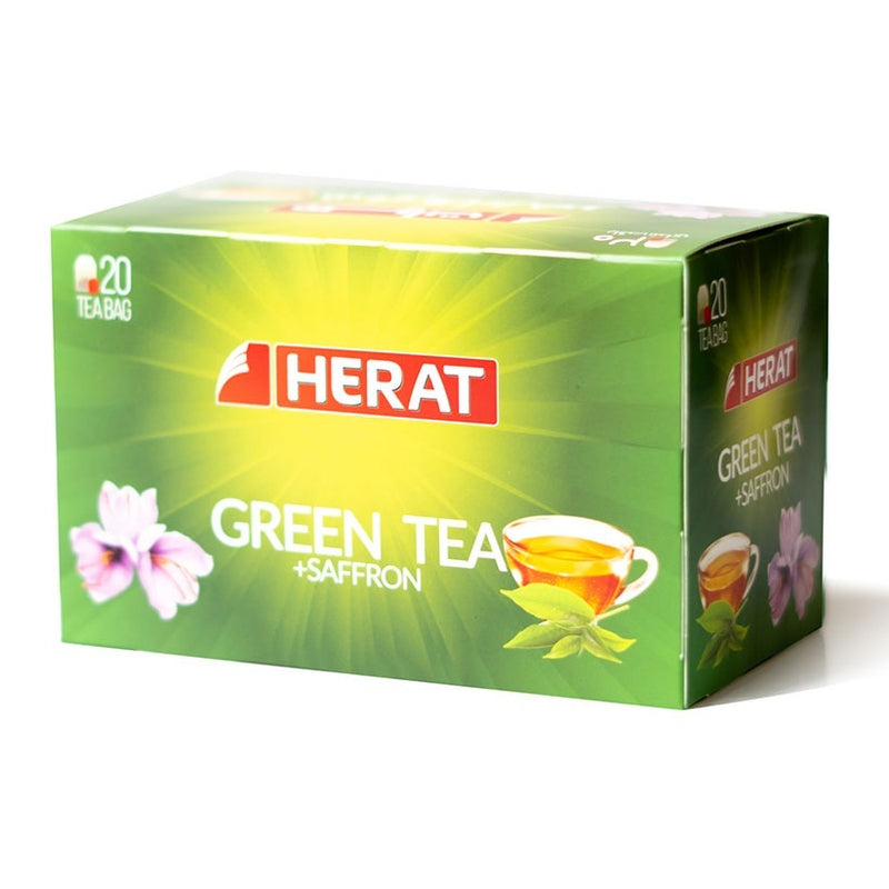 Herat Green Tea with Saffron packaging on a white background
