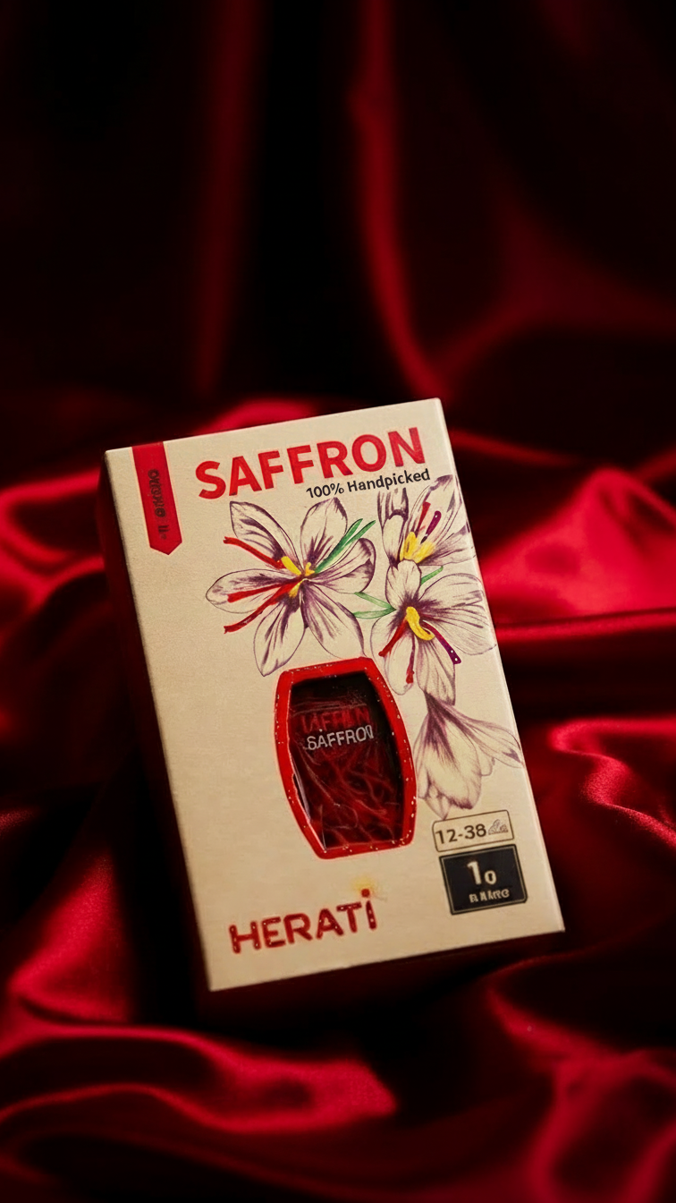 Herati 1g Afghan saffron box with crocus artwork on red silk, 100% handpicked Super Negin wholesale quality supporting women in Afghanistan