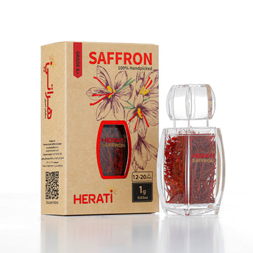 Herati saffron packaging with saffron strands in a clear container on a white background