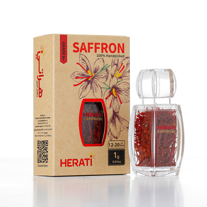 Herati saffron packaging with saffron strands in a clear container on a white background