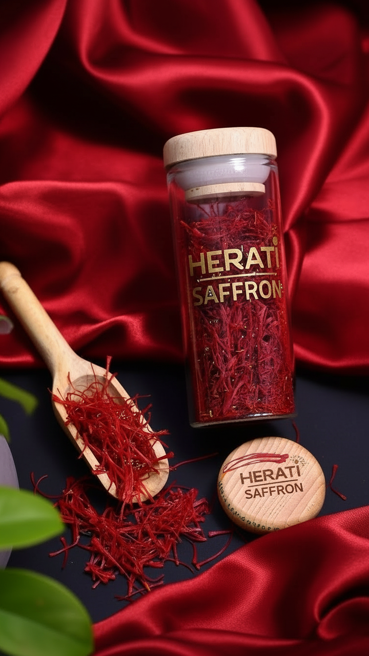 Glass jar of Herati Afghan saffron with wooden scoop and scattered crimson Super Negin threads on red silk, award-winning wholesale quality supporting women in Afghanistan