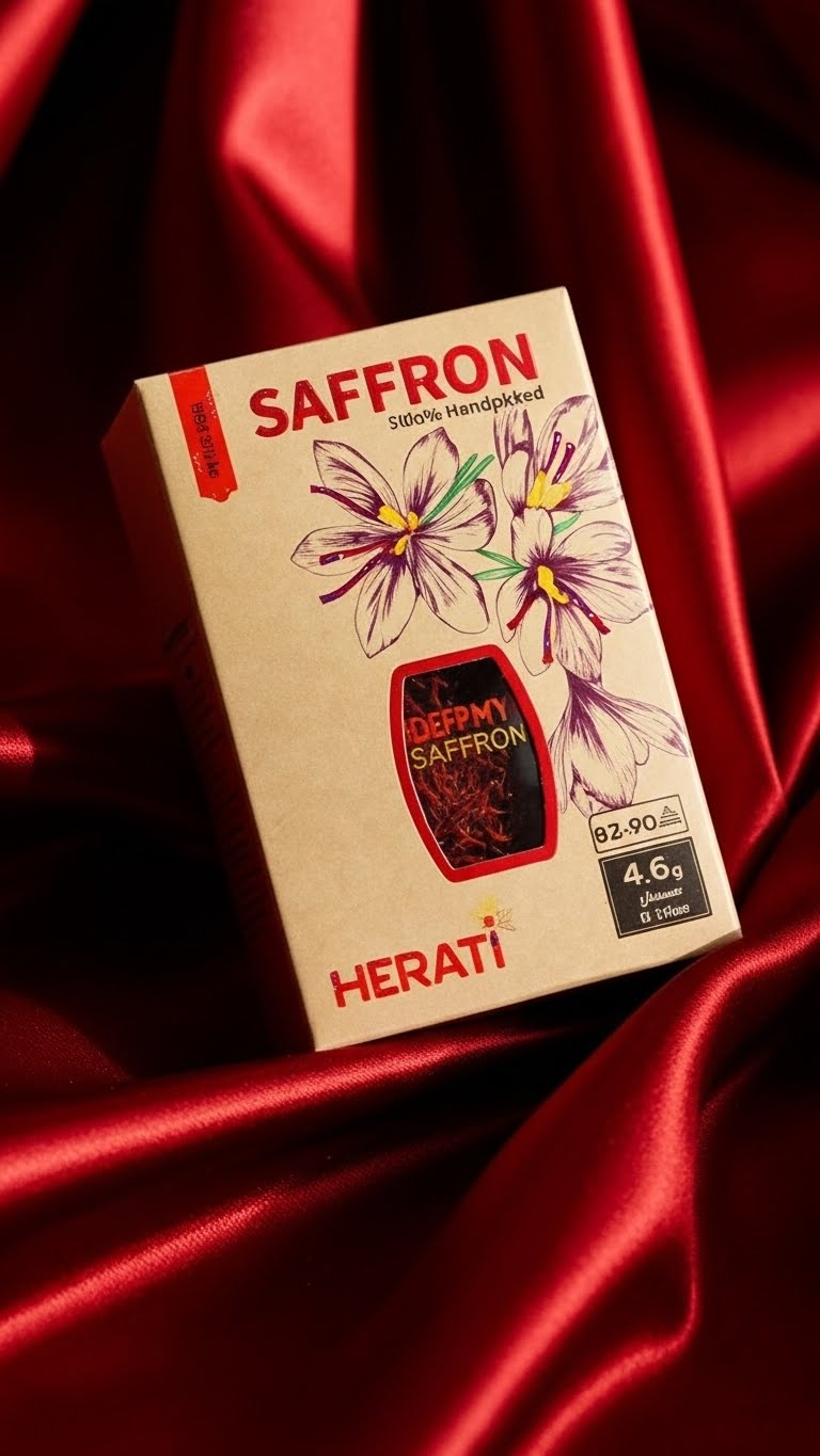 Herati 4.6g Afghan saffron box with crocus artwork on red silk, 100% handpicked Super Negin wholesale quality supporting women in Afghanistan